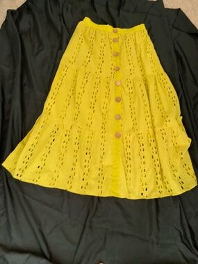 Mustard Eyelet Button-Front Tiered Skirt, elastic waste